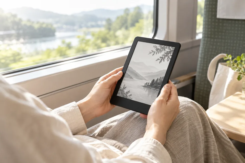 列車の窓辺で電子書籍端末を持ち、読書を楽しむイメージ。