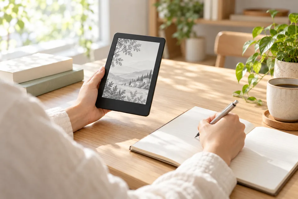 陽だまりの机で電子書籍を読みながら、紙のノートにメモするイメージ。